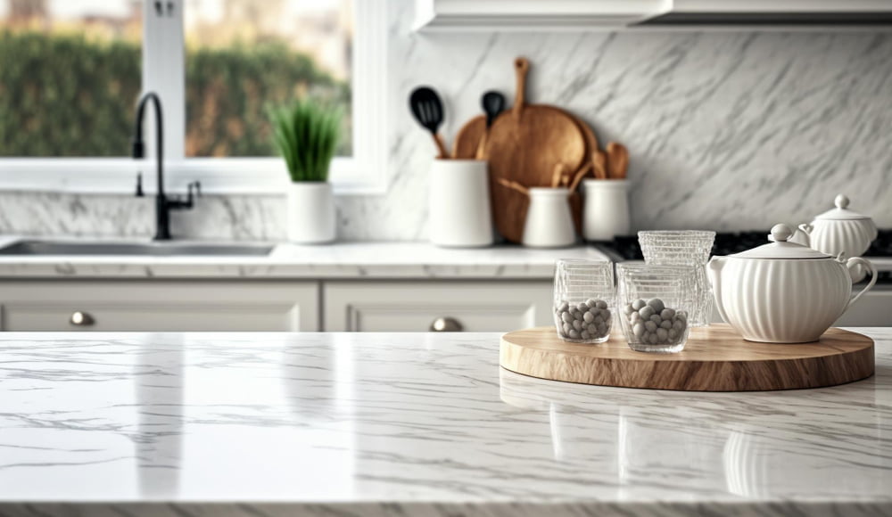 copy space luxury table counter top blur kitchen background food product display presentation generative ai