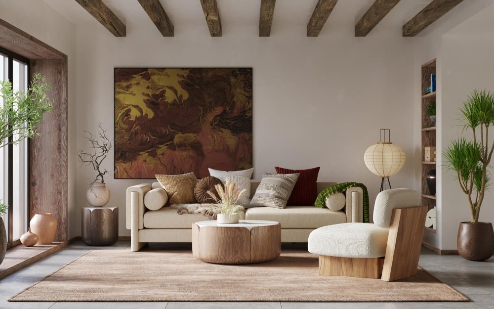 interior design modern apartment with cozy furniture wabisabi style 3d render