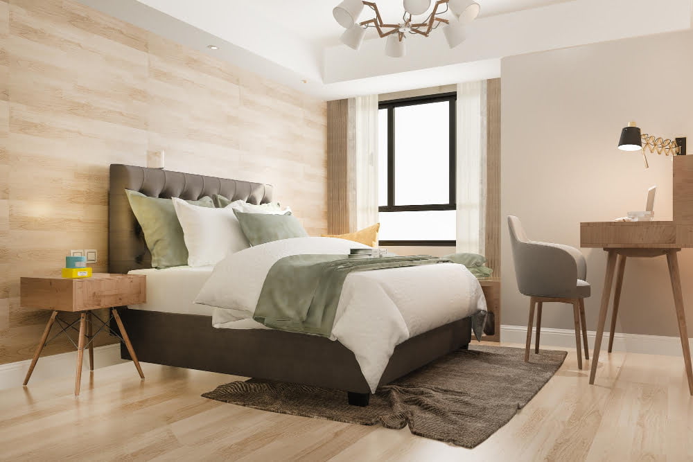 3d rendering beautiful luxury bedroom suite hotel with working table