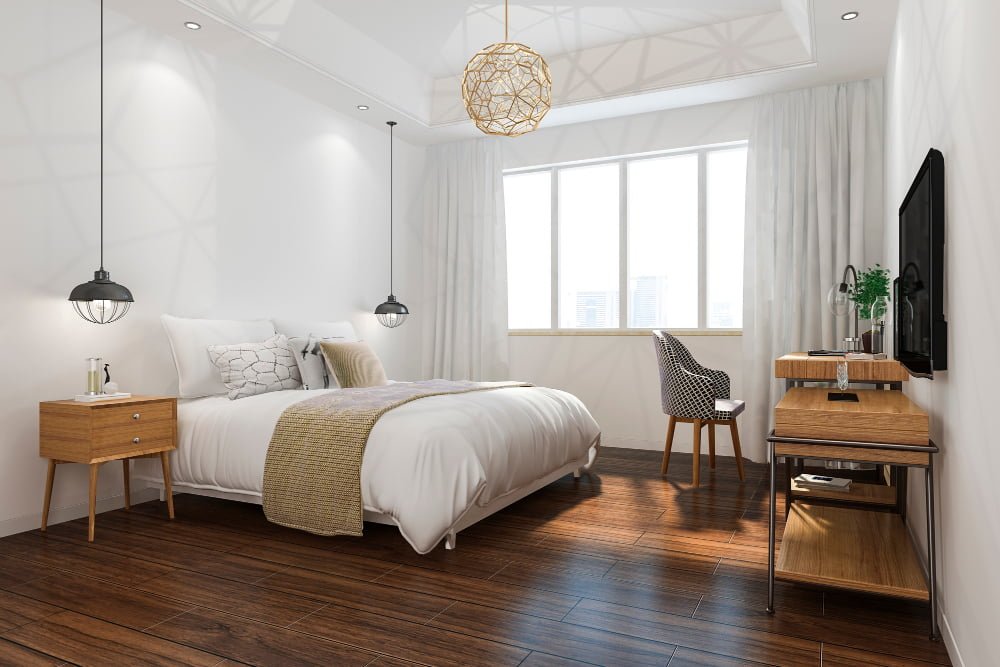 3d rendering orange vintage minimal bedroom suite hotel with tv