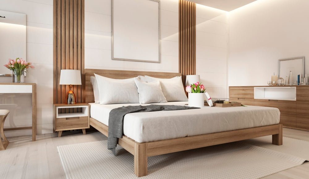 modern light bedroom with wooden furniture scandinavian style 3d rendering