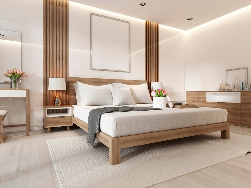 modern light bedroom with wooden furniture scandinavian style 3d rendering